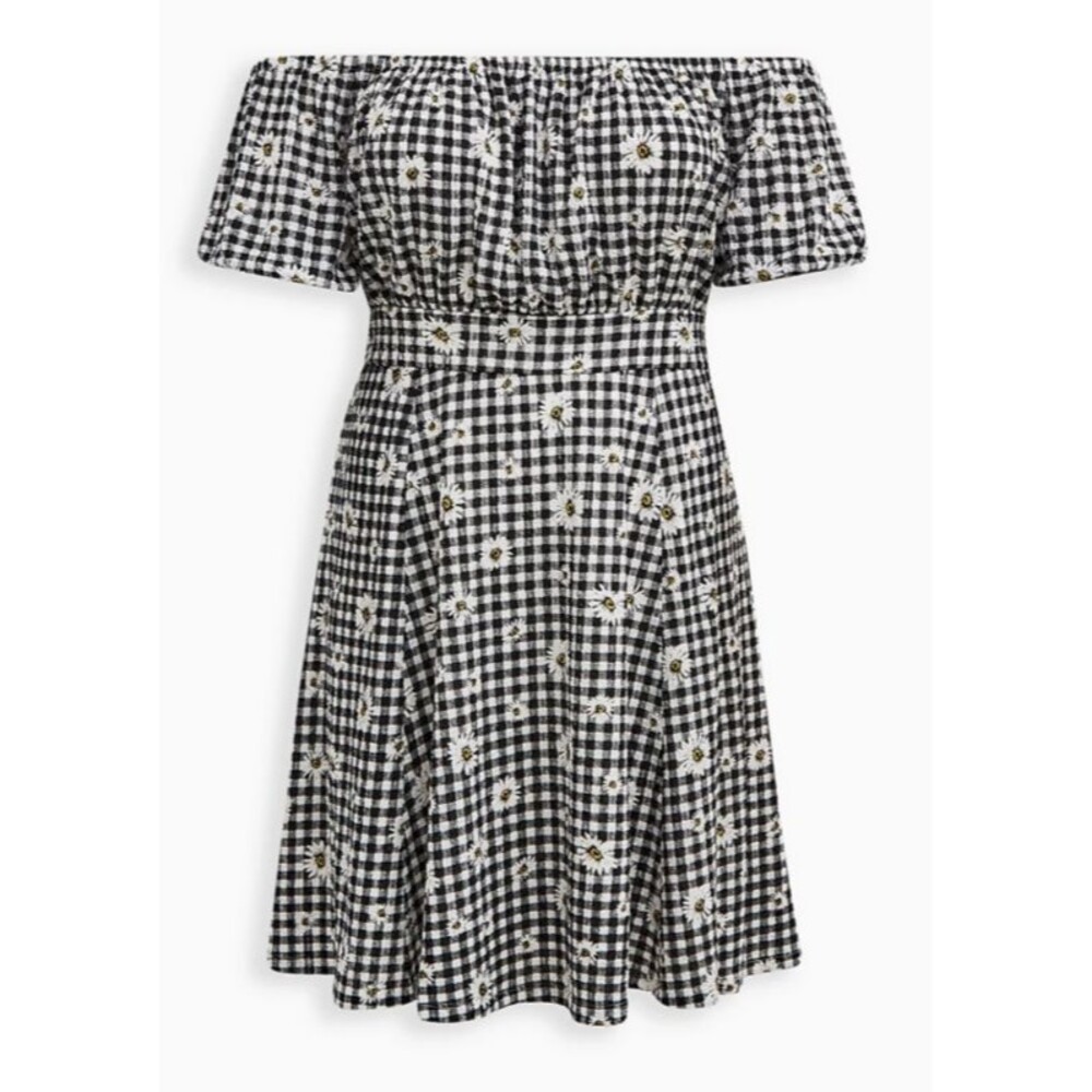 Torrid Daisy Print Gingham Textured Off Shoulder Dress Plus 3X